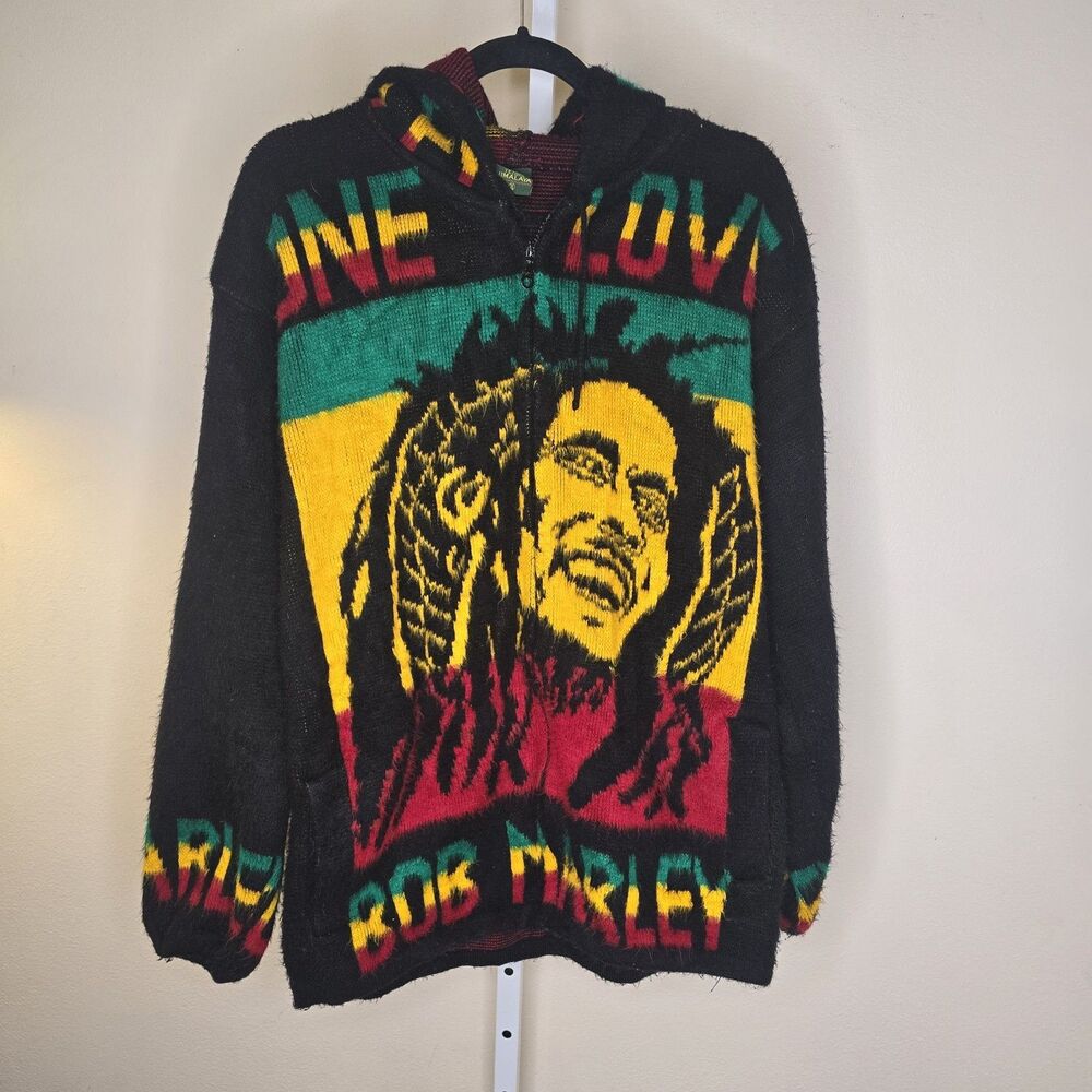 Bob Marley One Love Fuzzy Wool Zip-Up Hoodie Black & Rasta Colors Size XL